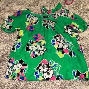 Kaari Blue vibrant green blouse with multi-color flowers, size small